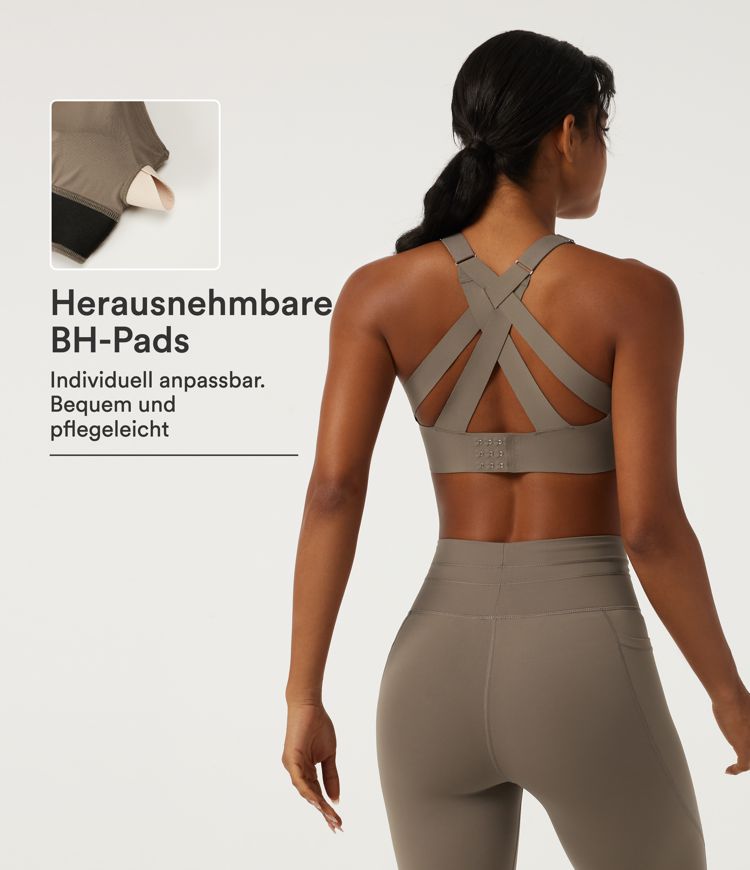 Workout-Sport-BH mit tiefem V-Ausschnitt, integriertem BH und überkreuztem Rücken-Design