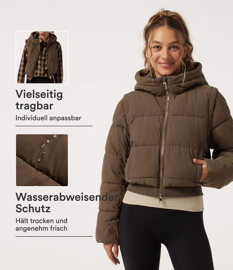 PuffFlex -Workout-Steppjacke mit abnehmbarer Kapuze, Seitentaschen, langen Ärmeln und Knitterfreiheit