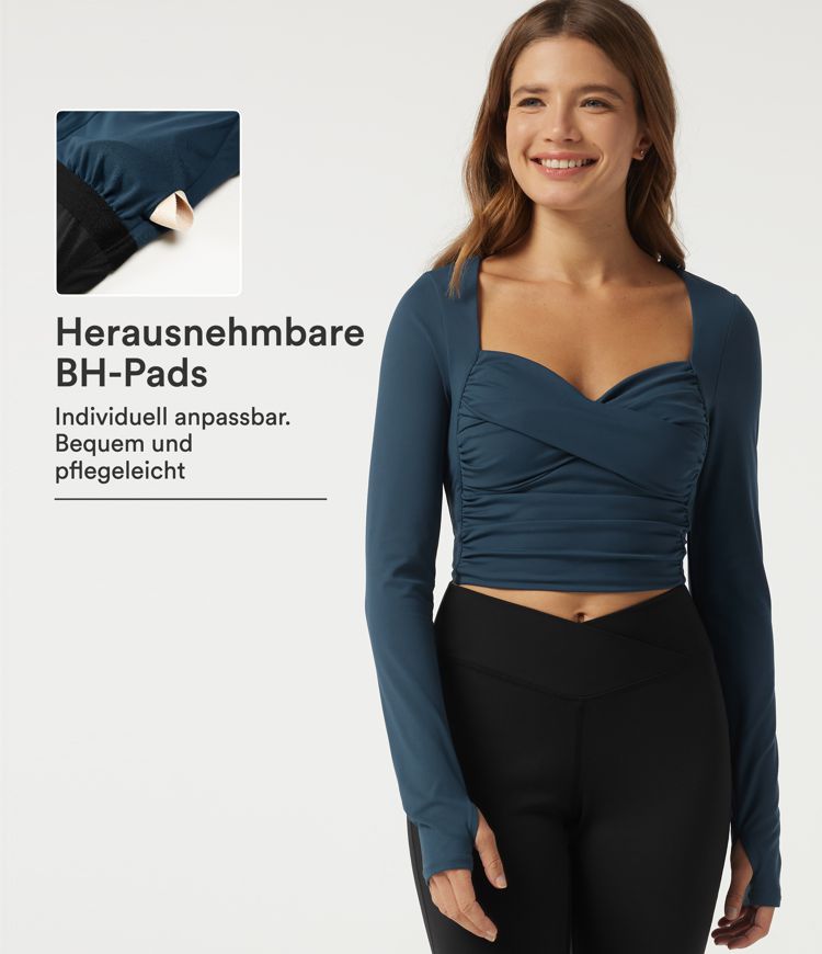 Softlyzero™ Airy, langärmeliges Yoga-Sporttop mit Herzausschnitt, integriertem BH, Raffungen und Daumenlöchern