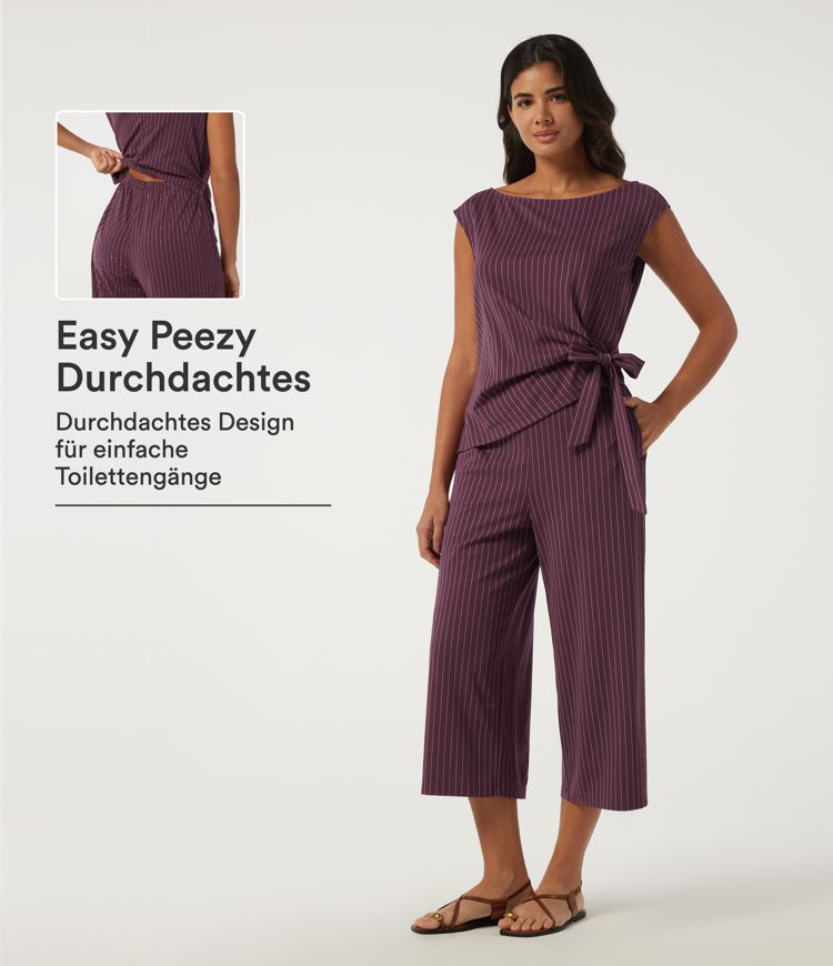 Arbeits-Jumpsuit mit U-Boot-Ausschnitt, Streifenmuster, ärmellosem Schnitt, weitem Bein, Bindegürtel und Seitentaschen – Easy Peezy Edition