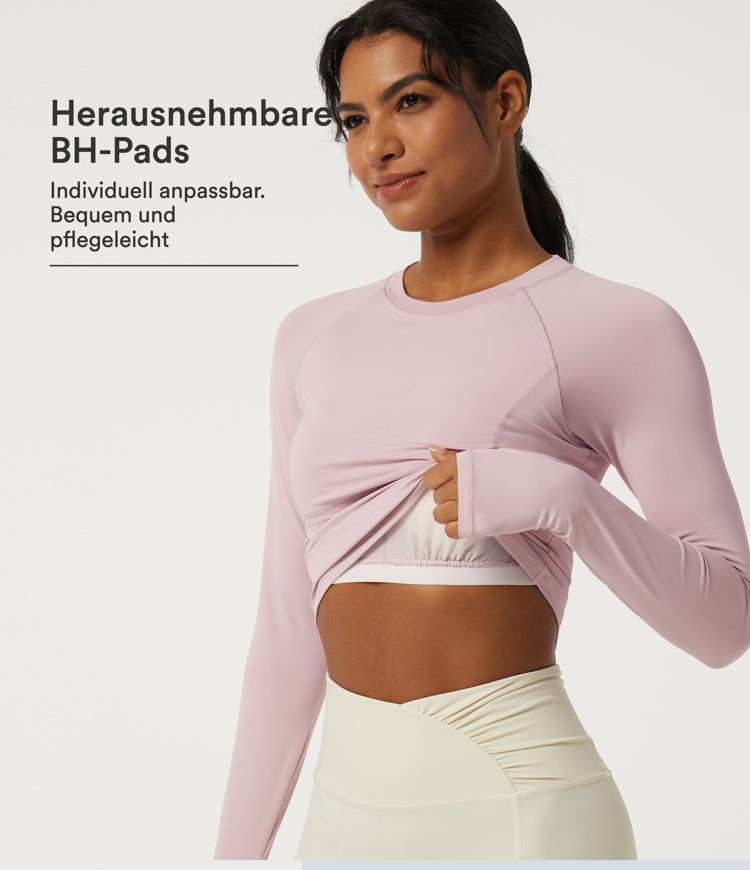 Yoga-Sport-Top mit Rundhals, Raglanärmeln, integriertem BH und Daumenlöchern