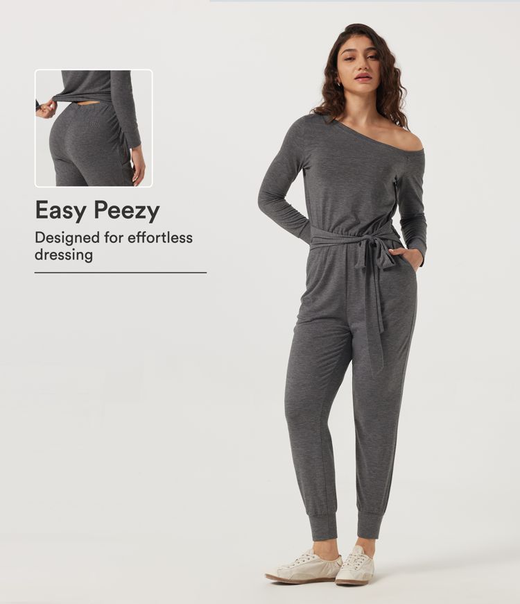 One Shoulder Long Sleeve Belted Casual Jumpsuit with Pockets - Easy Peezy Edition