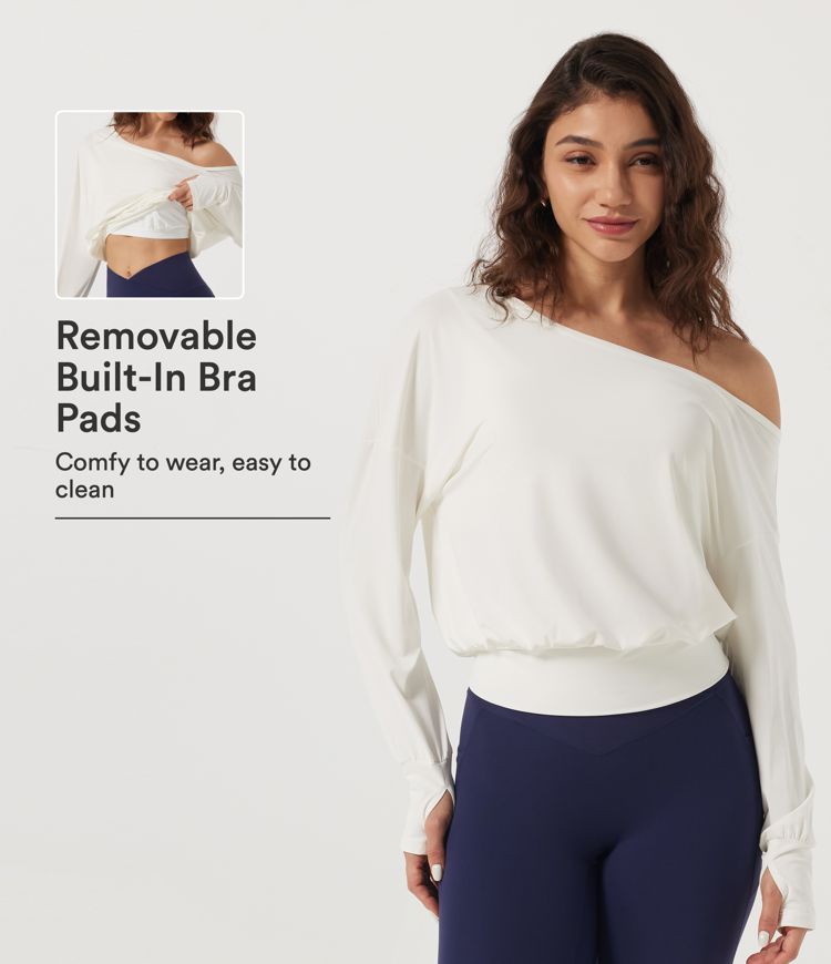 One Shoulder Long Sleeve Yoga Sports Top with Built-in Bra and Thumbholes