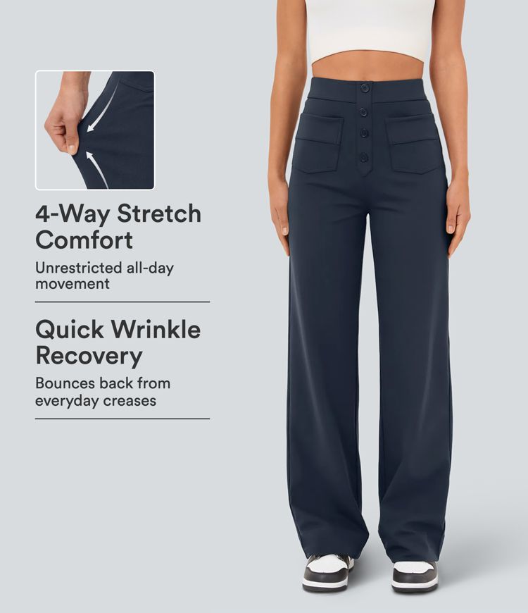 DayStretch High Waisted Pockets Straight Leg Casual Trousers