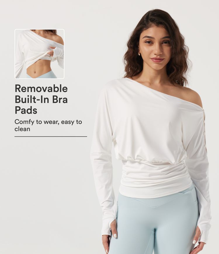 One Shoulder Long Sleeve Yoga Sports Top with Built-in Bra and Thumbholes