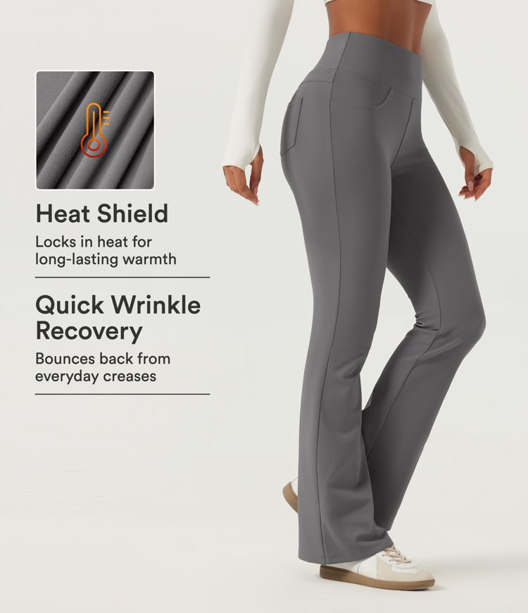 High Waisted Bootcut Wrinkle Recovery Fleece Yoga Pants with Pockets