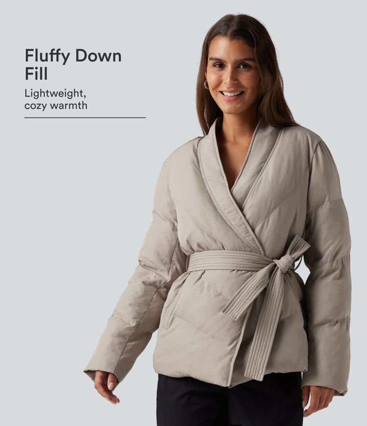 Island Fossil V Neck Long Sleeve Belted Casual Down Jacket with Pockets / 1