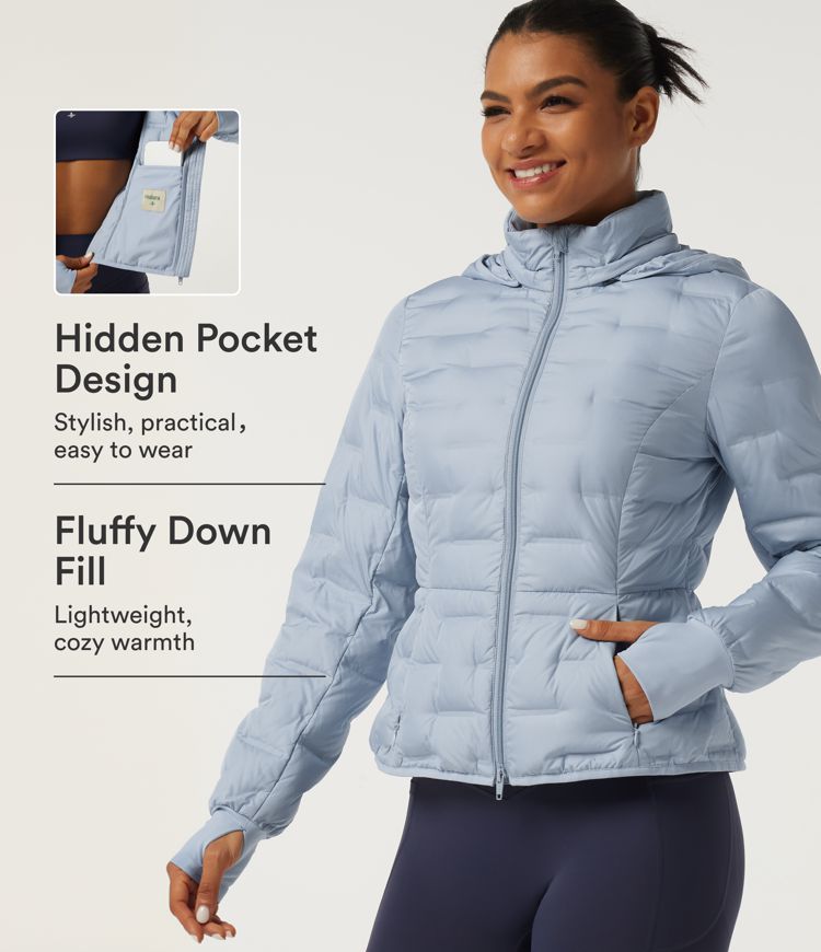 Removable Hood Long Sleeve Quilted Casual Down Jacket with Pockets and Thumb Holes