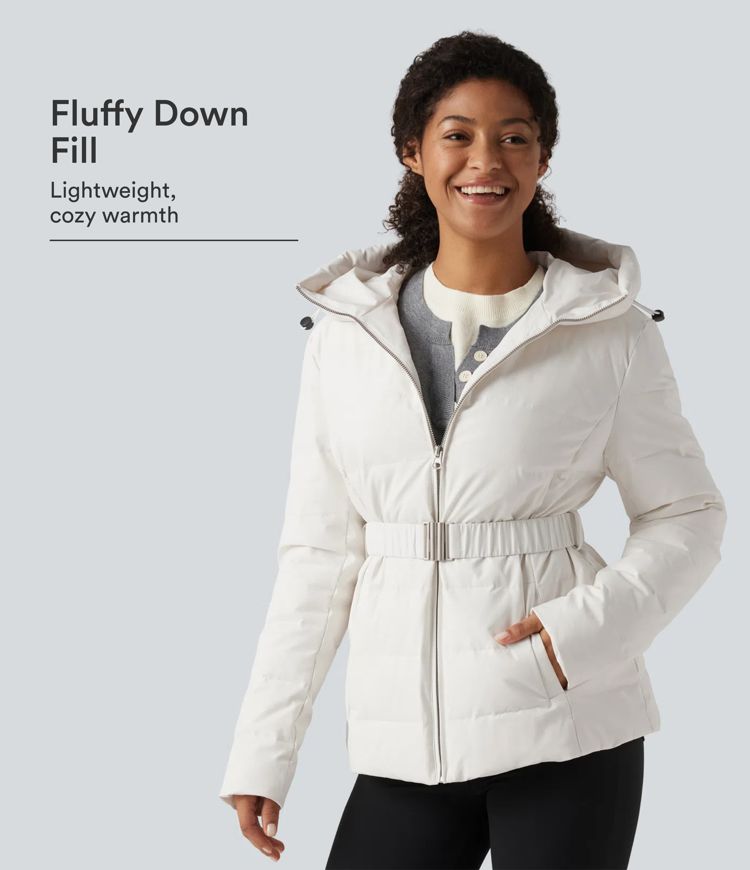 Hooded Long Sleeve Belted Work Down Jacket with Pockets