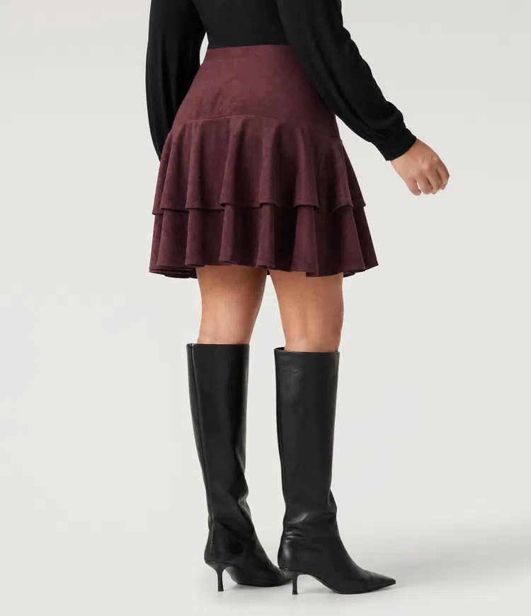 Chocolate Truffle Plus Size High Waisted Tiered Ruffle Hem 2-in-1 Mini Suede Casual Skirt with Pocket / 2