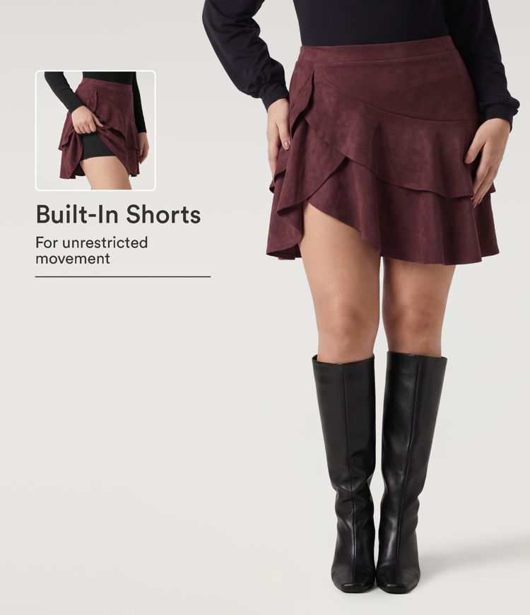 Plus Size High Waisted Tiered Ruffle Hem 2-in-1 Mini Suede Casual Skirt with Pocket