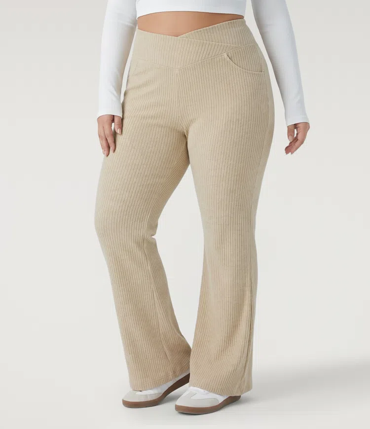Plus Size Ribbed Knit Crossover High Waisted Pocket Casual Flare Pants