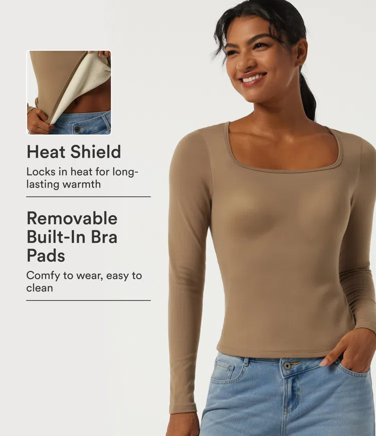 Square Neck Long Sleeve Casual Top with Built-in Bra for B-DD Cups