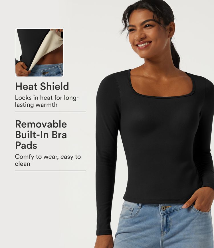 Square Neck Long Sleeve Casual Top with Built-in Bra for B-DD Cups