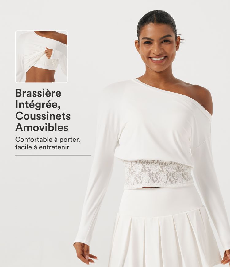 Blanc Haut de yoga SoftlyZero™ Airy à encolure asymétrique et manches longues avec brassière intégrée / 1