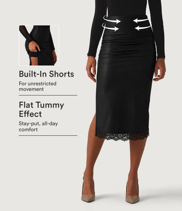 High Waisted Tummy Control Contrast Lace PU Casual Midi Skirt with Built-in Shorts
