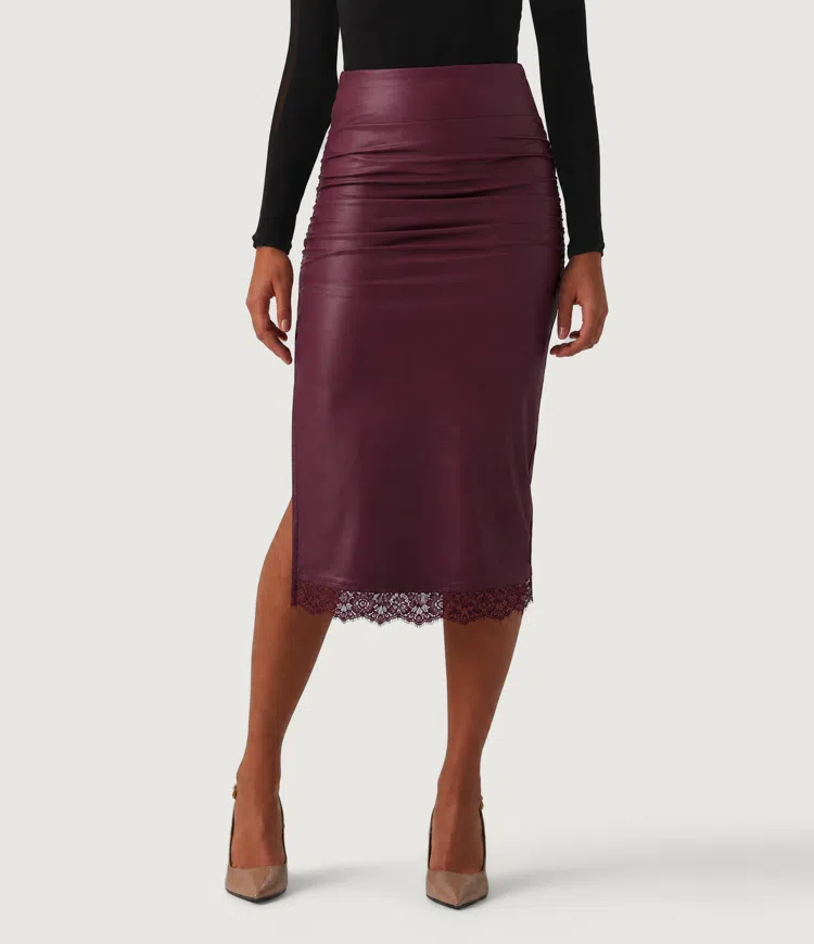 High Waisted Tummy Control Contrast Lace PU Casual Midi Skirt with Built-in Shorts