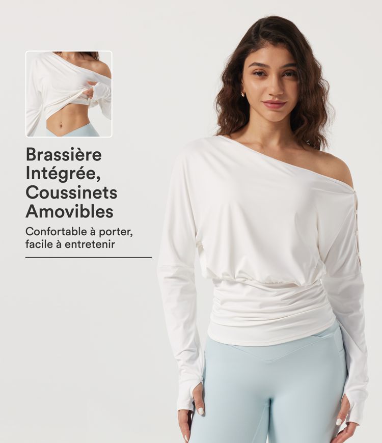 White Haut de yoga à encolure asymétrique et manches longues avec brassière intégrée et passe-pouces / 1
