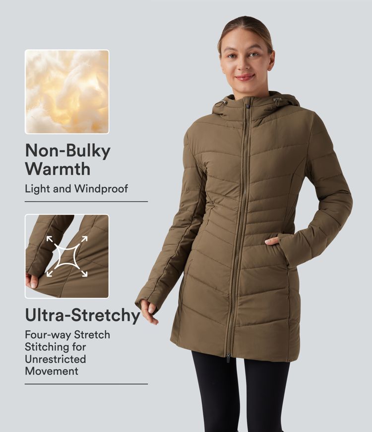 PuffFlex Hooded Longline Stretchy Casual Padded Jacket with Pockets