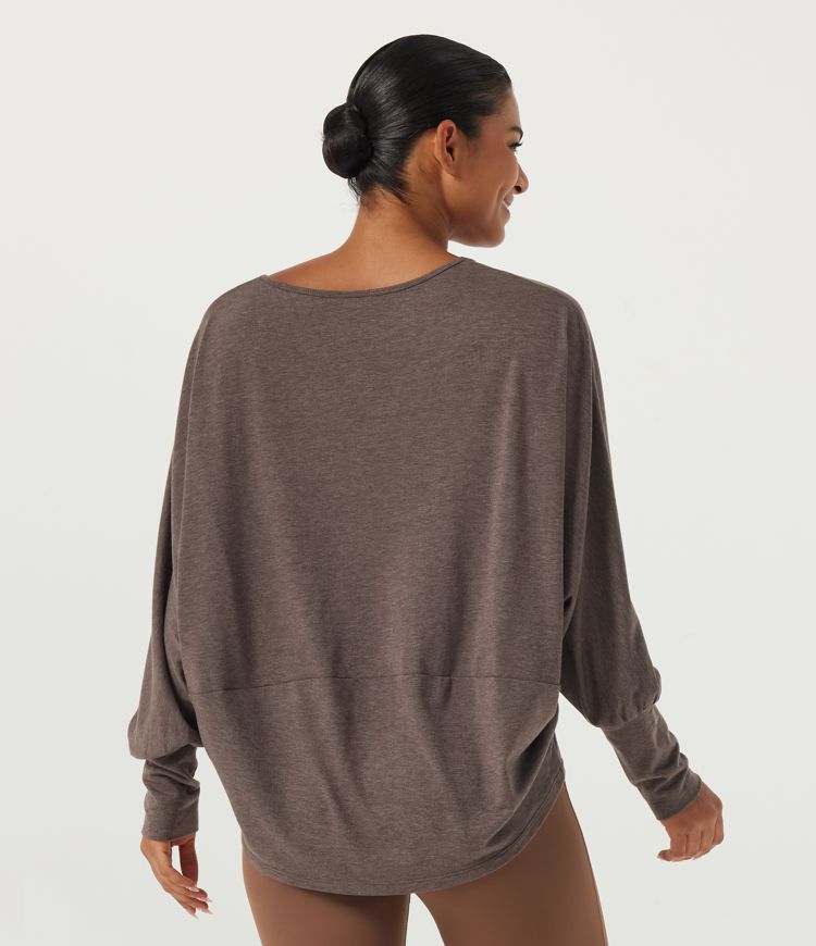 Deep Tea Brown Floral Yarn V Neck Long Sleeve Yoga Sports Top with Thumbholes / 2
