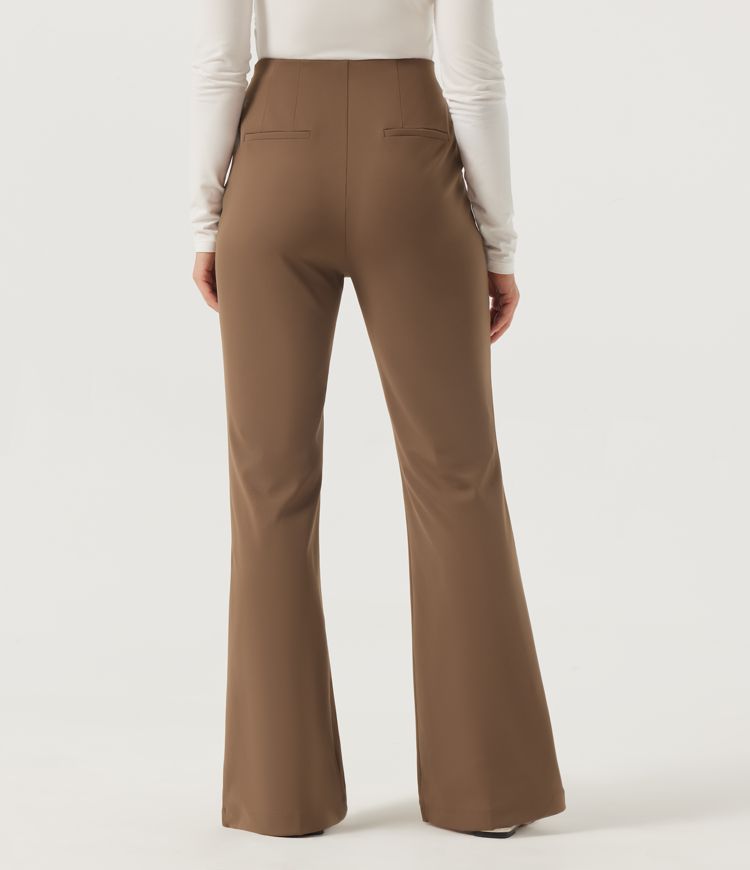 Sepia Pantalon évasé taille haute esprit bureau Halara DayStretch™ à plis piqués, avec poches / 2