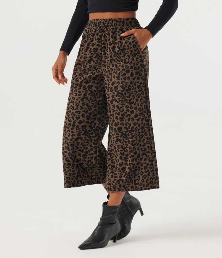 High Waisted Wide Leg Leopard Print Corduroy Casual Pants with Pockets