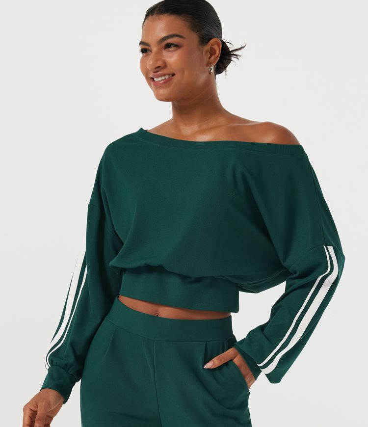 Boat Neck Long Sleeve Side Stripe Waffle Casual Top