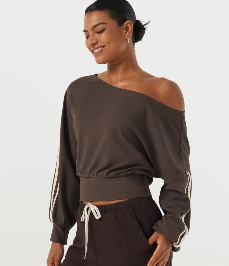 Boat Neck Long Sleeve Side Stripe Waffle Casual Top