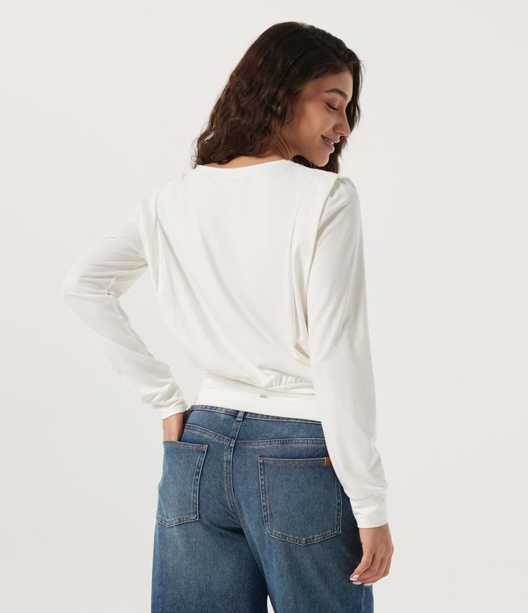 White Round Neck Long Sleeve Boxy Casual Top / 2
