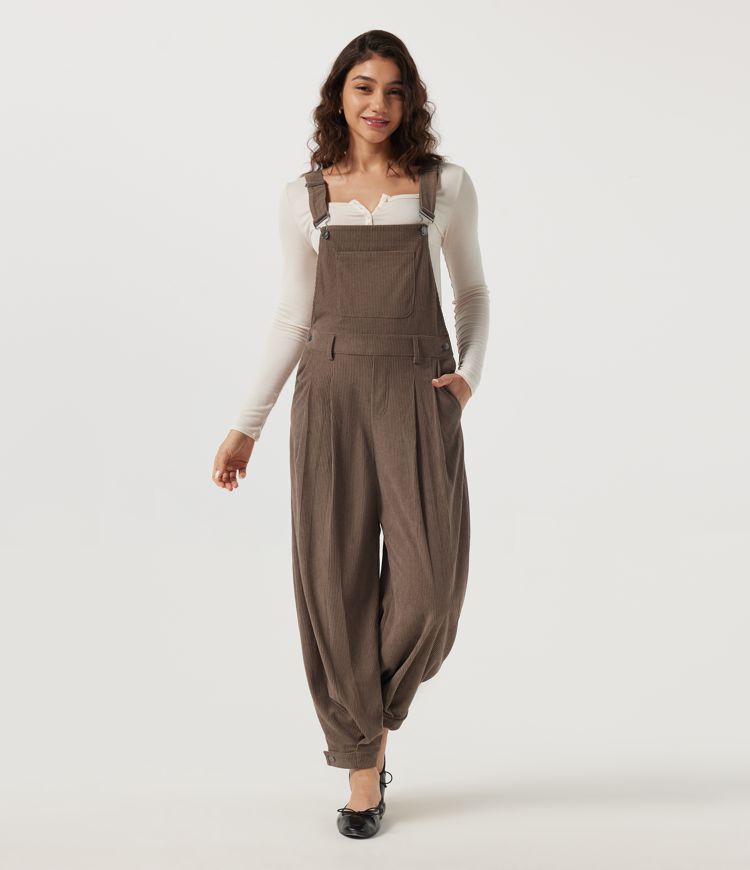 Square Neck Barrel Leg Ankle-Length  Corduroy Casual Overall with Pockets