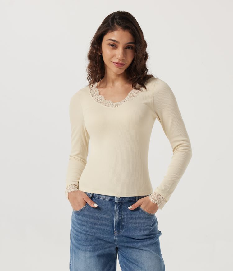V Neck Long Sleeve Contrast Lace Casual Top with Built-in Bra 
