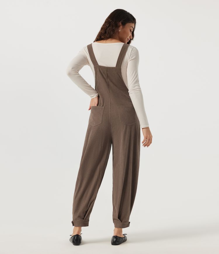 Acorn Square Neck Barrel Leg Ankle-Length  Corduroy Casual Overall with Pockets / 2