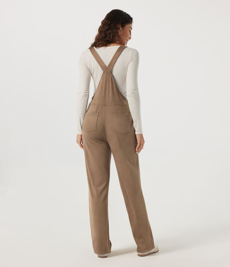 Coca Mocha U Neck Sleeveless Straight Leg Suede Like Casual Overalls with Pockets / 2