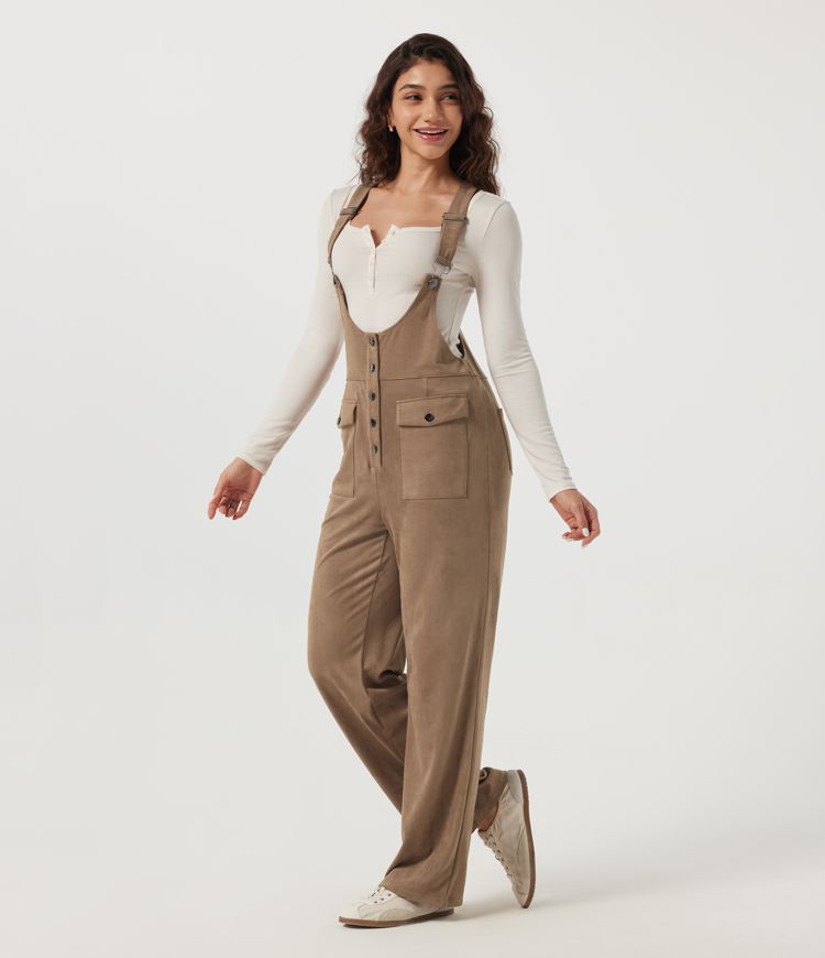 U Neck Sleeveless Straight Leg Suede Like Casual Overalls with Pockets