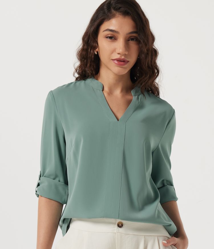 Wrinkle Recovery Notched Collar Long Sleeve Work Blouse