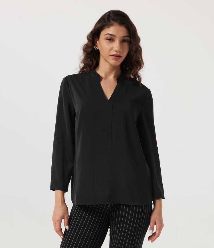 Noir Blouse esprit bureau manches longues à col cranté défroissage facile Wrinkle Recovery / 1