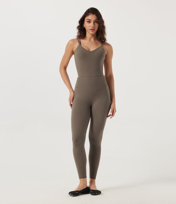 UltraSculpt™ V Neck Sleeveless Cut-Out Back Built-in Bra Yoga Jumpsuit with Pockets-Easy Peezy Edition