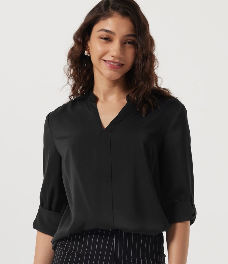 Noir Blouse esprit bureau manches longues à col cranté défroissage facile Wrinkle Recovery / 2