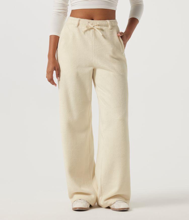 Mid Rise Drawstring Wide Leg Casual Pants with Pockets