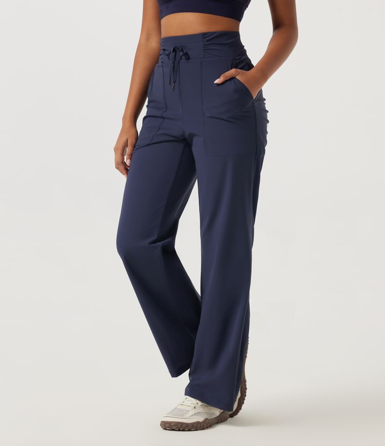 High Waisted Drawstring Straight Leg Ruched Quick Dry InstantCool Hiking Pants with Pockets-UPF40+