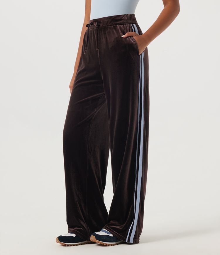 Mid Rise Drawstring Wide Leg Color Block Velvet Casual Pants with Pockets