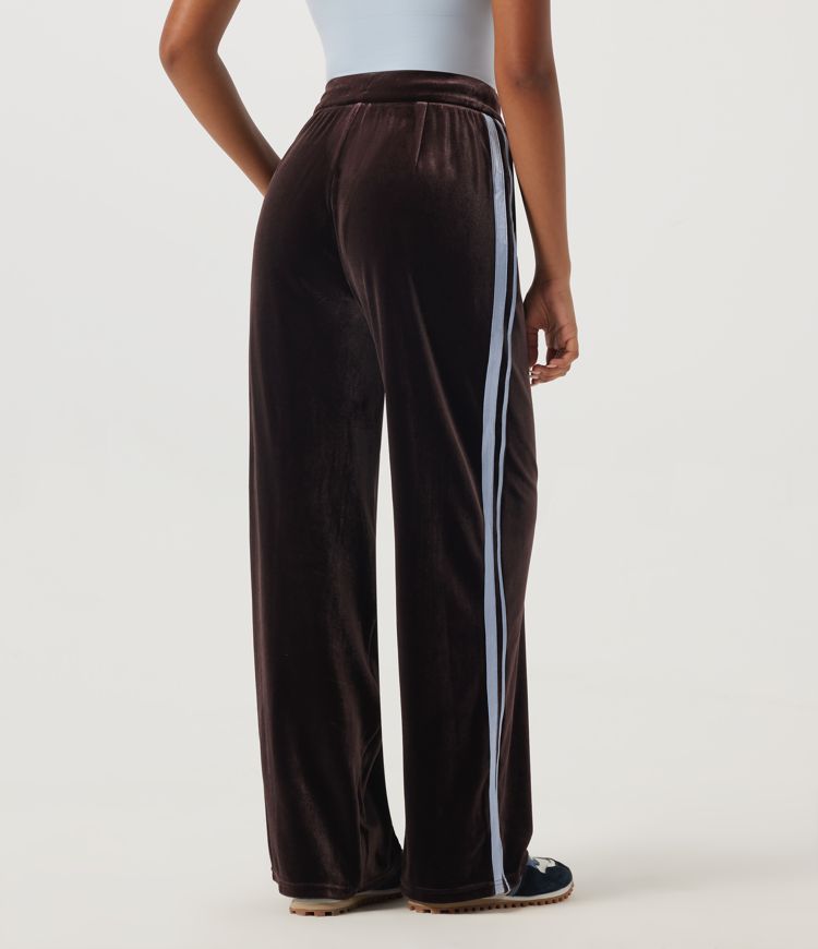 Charcoal Brown Pantalones casual de terciopelo color block, tiro medio, pernera ancha, con cordón y bolsillos / 2