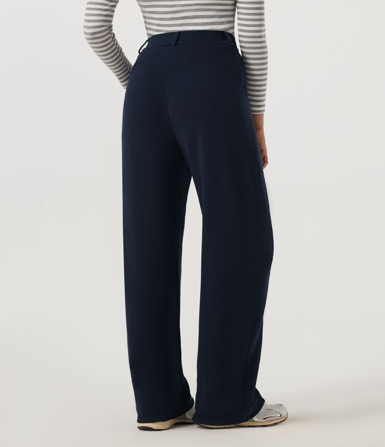 Moonless Navy High Waisted Barrel Leg Waffle Casual Pants with Pockets / 2