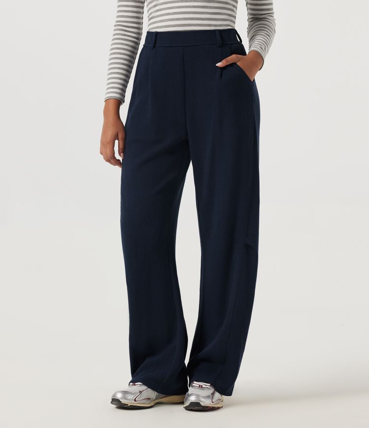 High Waisted Barrel Leg Waffle Casual Pants with Pockets