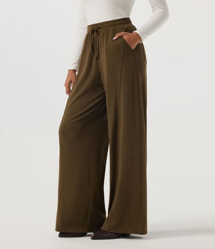 High Waisted Drawstring Baggy Thermal Casual Pants with Pockets