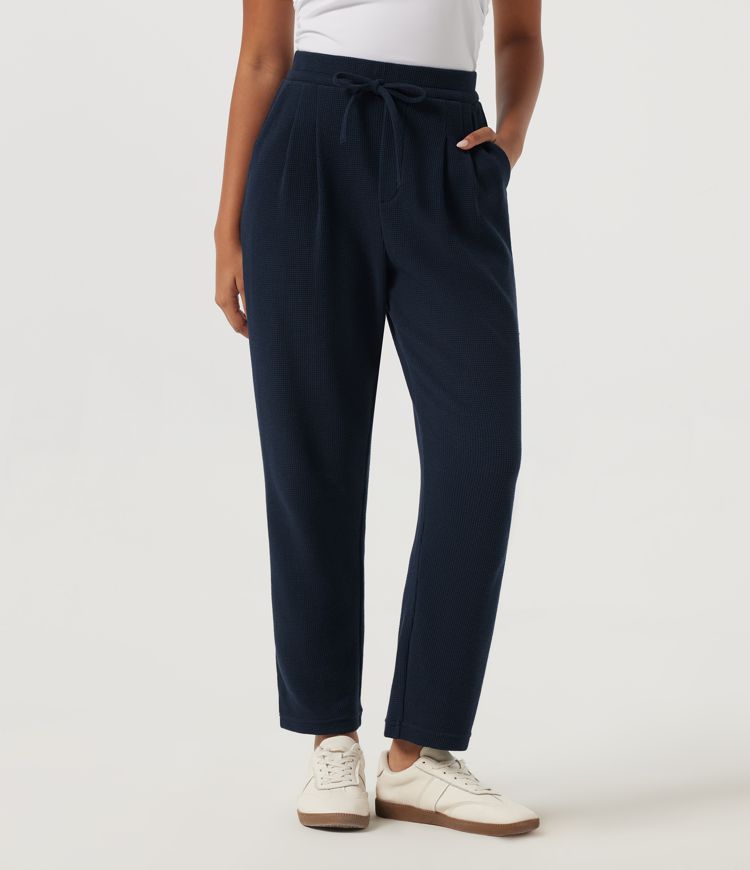 High Waisted Drawstring Tapered Waffle Casual Pants with Pockets