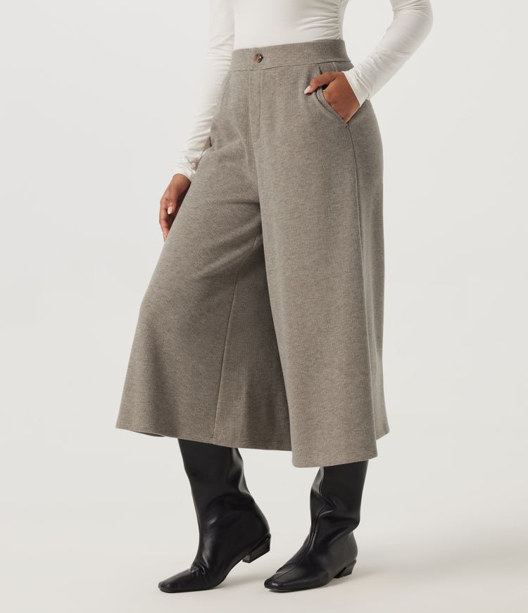 Ribbed Knit High Waisted Baggy Casual Pants with Pockets