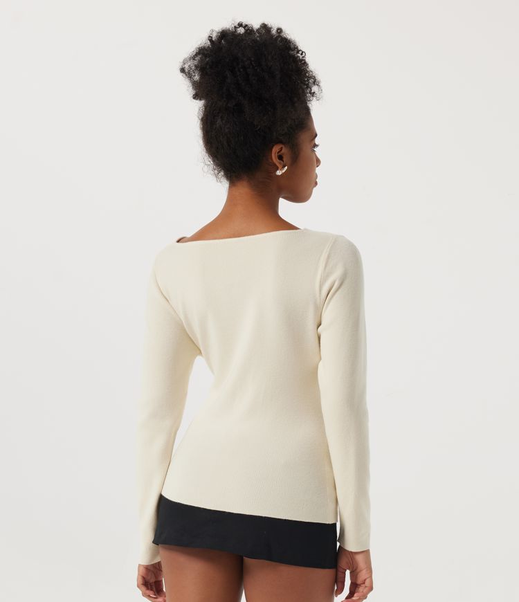 White Cowl Neck Long Sleeve Rhinestone Embellished Casual Sweater / 2