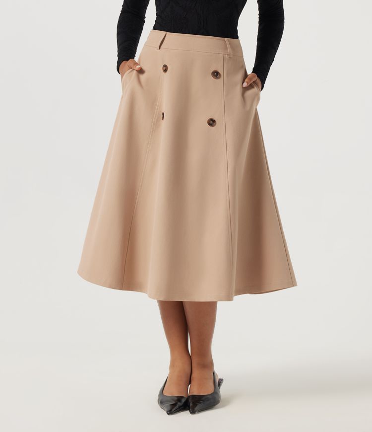 High Waisted A-Line Work Midi Skirt with Pockets