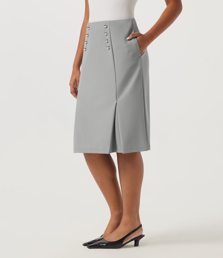 Mid Rise A-Line Casual Midi Skirt with Pockets